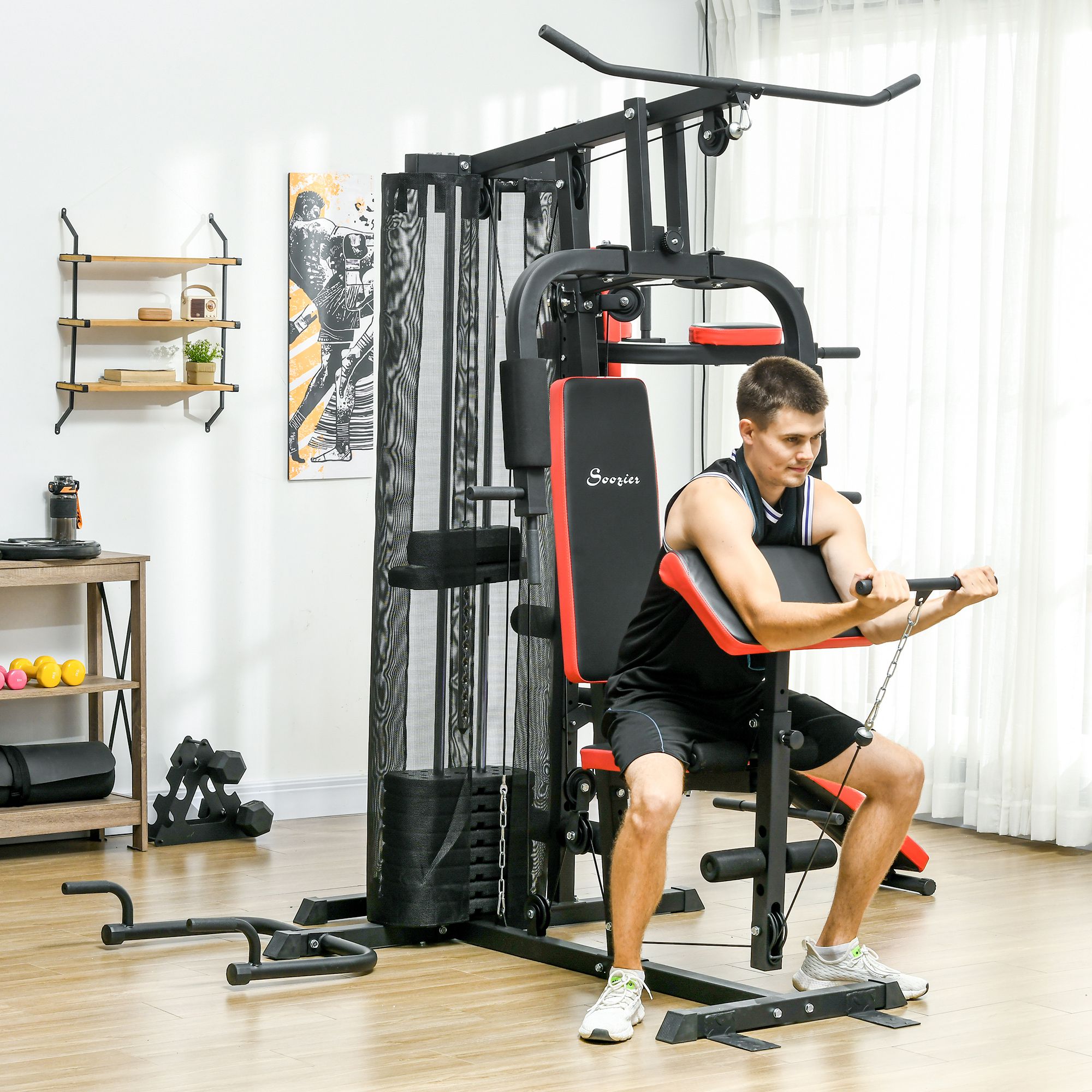 SPORTNOW Multifunctionele Trainingsstation met 65 kg Gewichtsblok, Verstelbaar, Voor Thuis Fitness, Staal, Kunstleer