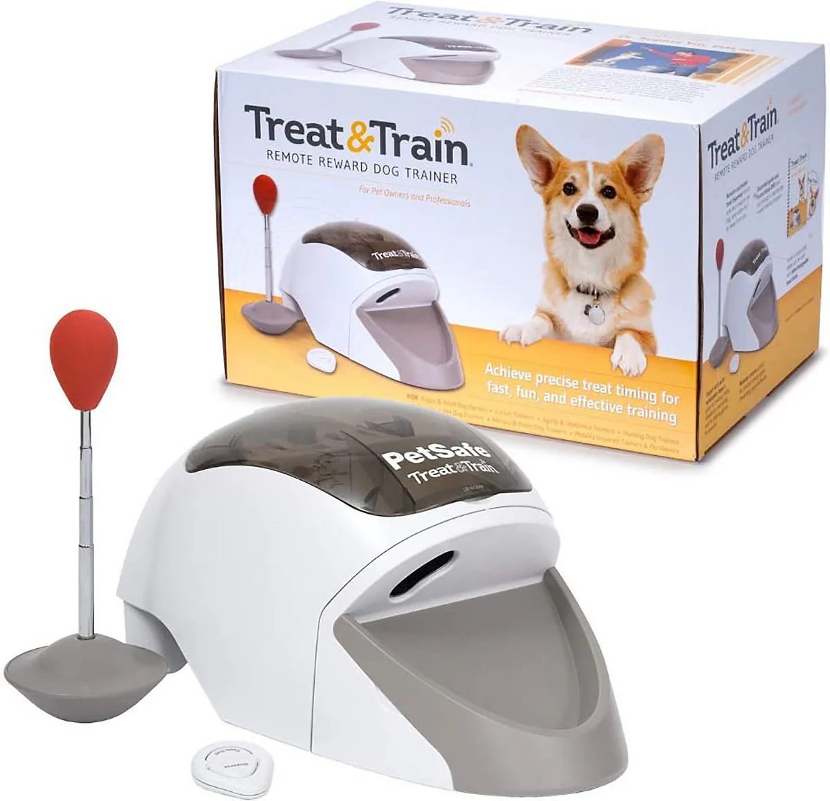 PetSafe Treat & Train™ távirányítású jutalomfalat-adagoló kutyakiképző rendszer, pozitív megerősítés, nyugodt viselkedés, figyeelme elterelés elkerülése, oktató DVD-vel, célzó pálcával és távirányítóval, 6 hónapos és idősebb kutyák számára