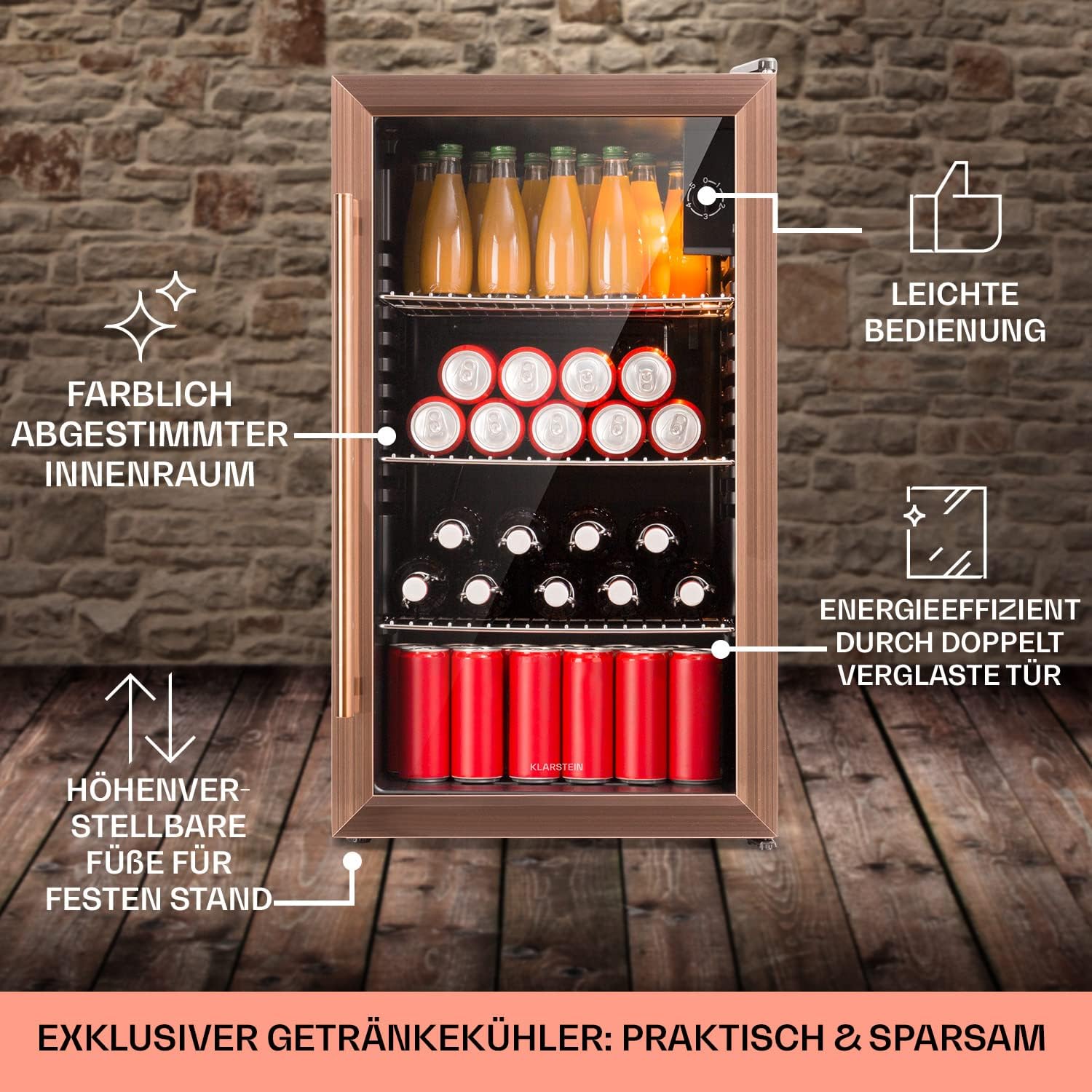 Klarstein XXL Mini Kühlschrank mit Glastür & LED, für Zimmer, Getränkekühlschrank Klein mit 3 Ablagen, 80L, Indoor/Outdoor, Leise & Wetterfest, 3-10°C