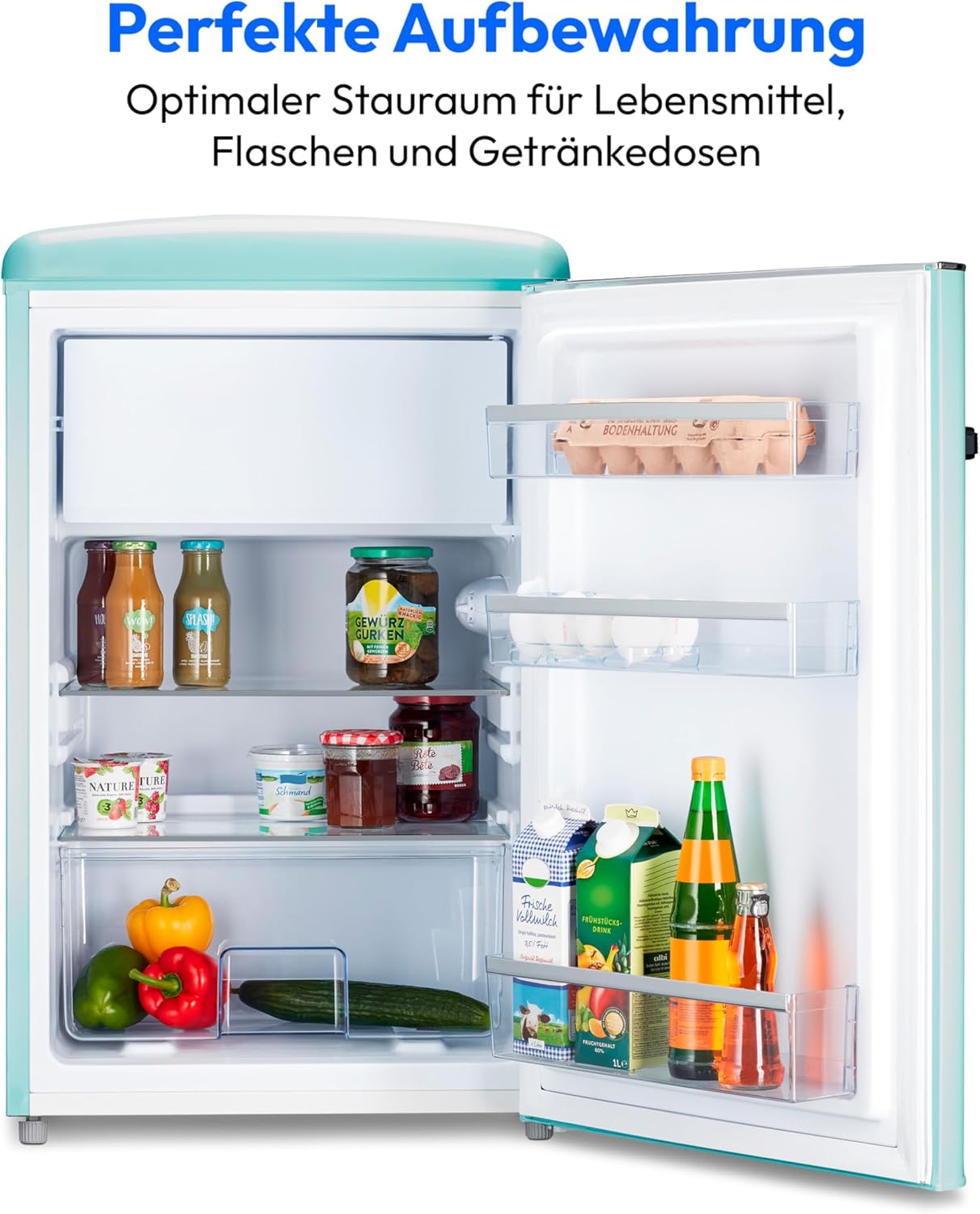 MEDION Retro Kühl-Gefrierkombination (95L Kühlschrank, 13L 4 Sterne Gefrierfach, 108 Liter Nutzinhalt, LED Innenbeleuchtung, Stufenlose Temperaturregelung, MD 37790) grün