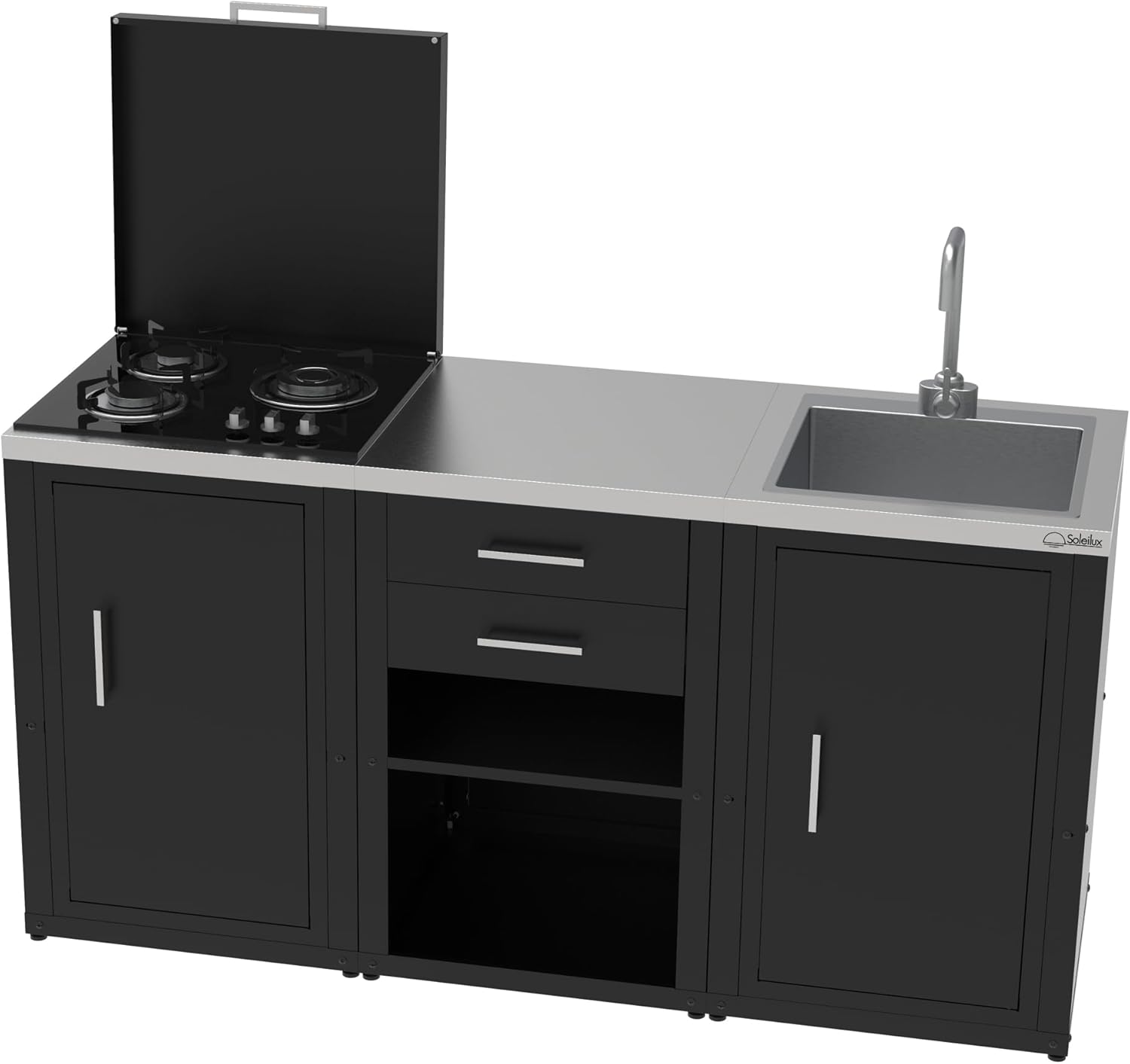SOLEILUX Set cucina da esterno a gas 3 elementi con lavello, rubinetto e tagliere con 2 cassetti estraibili - struttura in acciaio e piano in acciaio inox - Nero