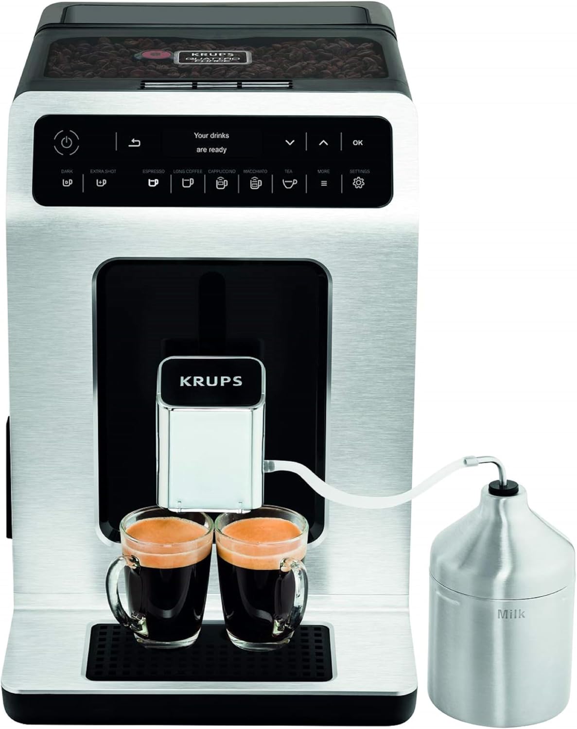 Krups Evidence Kaffeevollautomat mit Milchschaumdüse & 2-Tassen-Funktion, für Espresso, Cappuccino & Latte Macchiato mit cremigem Milchschaum & automatischer Reinigung, Silber/Schwarz, EA891D10