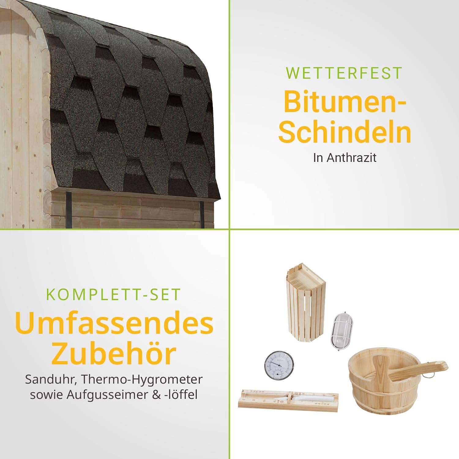 Artsauna Fasssauna Nolvik M, Outdoor-Sauna aus Fichtenholz, 3,6 kW Ofen, LED, Komplettset mit Sanduhr, Eimer & Thermometer, Winterfest, Cube Design