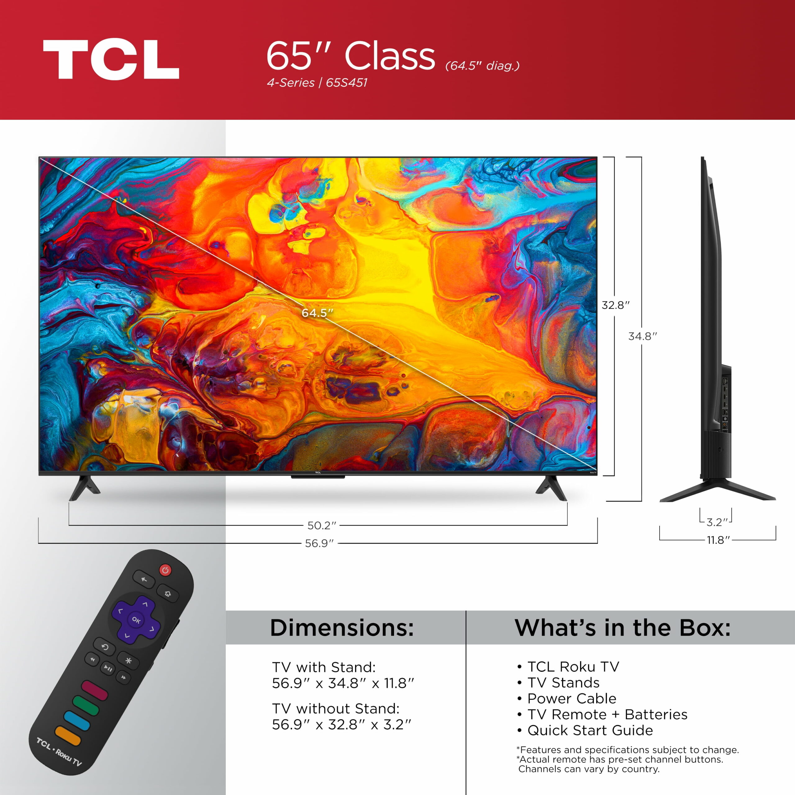 TCL 65′′ 4K UHD HDR Smart TV with Roku, 4-Series, Voice Control, Dual-Band WiFi, 4 HDMI Inputs