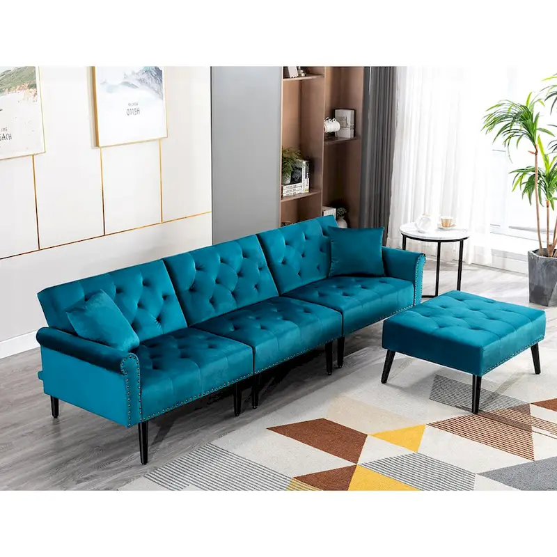Convertible Velvet Sofa Couch, Sectional Sofa with Ottoman, Mid-Century Futon Sofa Bed - 32D x 100.7W x 29.9H