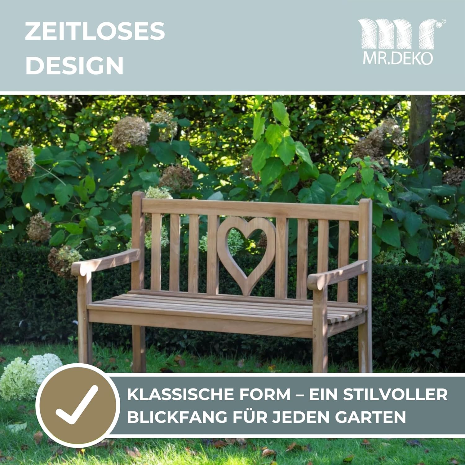 Gartenbank Motiv Teakholz | Holzbank mit Lehne | Friesenbank für draußen | 2-Sitzer 120x60x94 cm | Sitzbank Teak massiv & wetterfest Garten Balkon Terrasse | Parkbank zum Relaxen (Herz)