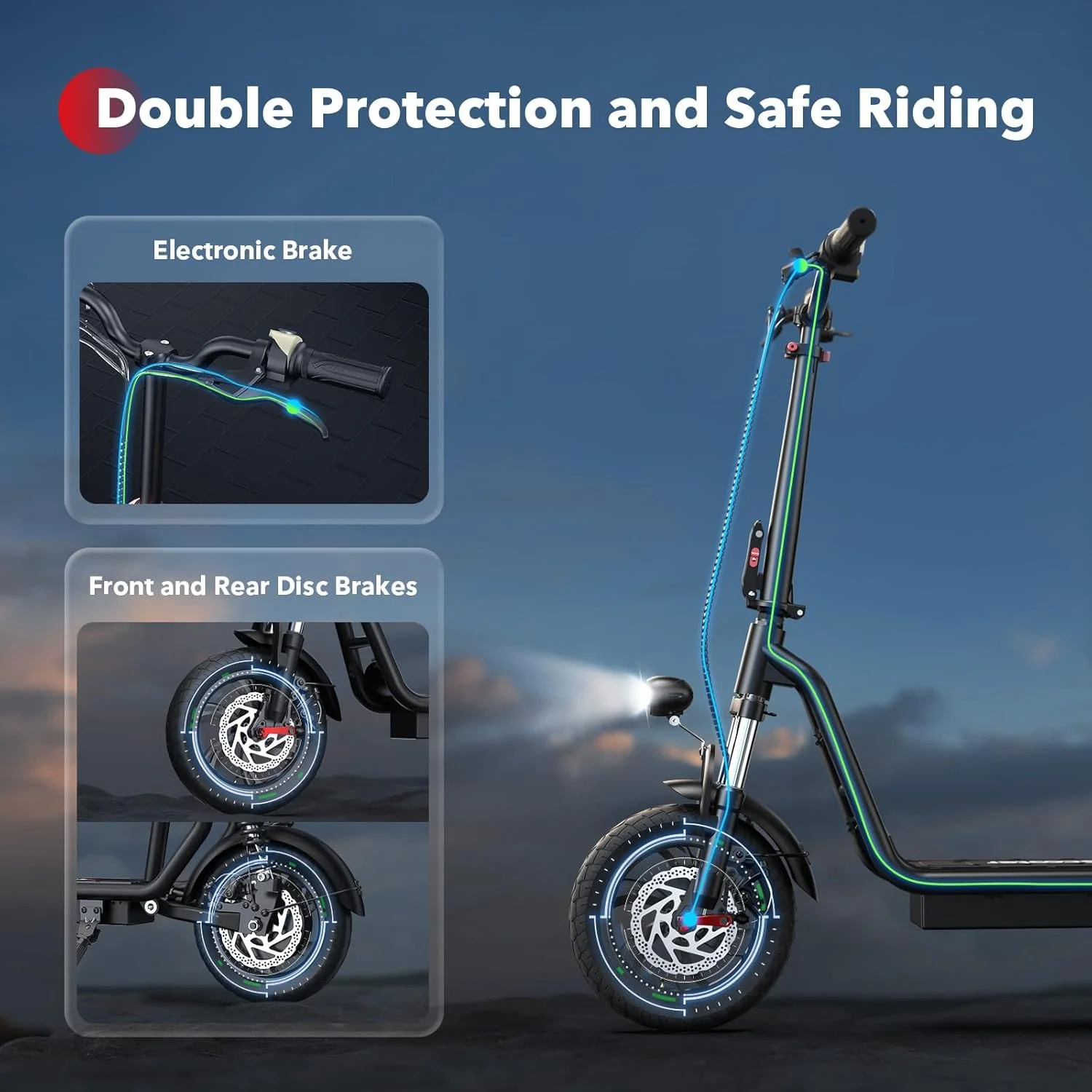 iScooter electric scooter with seat, 37/21 mile range, 28/19/15.6 mph top speed, dual suspension scooter with basket