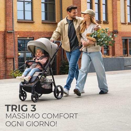 Kinderkraft TRIG 3 Passeggino Leggero, Pieghevole, Posizione Distesa, Posizione Reclinata, Sospensione 4 Ruote, Cinture di sicurezza a 5 punti, Bambini, Fino a 25 kg, Beige : Prima infanzia