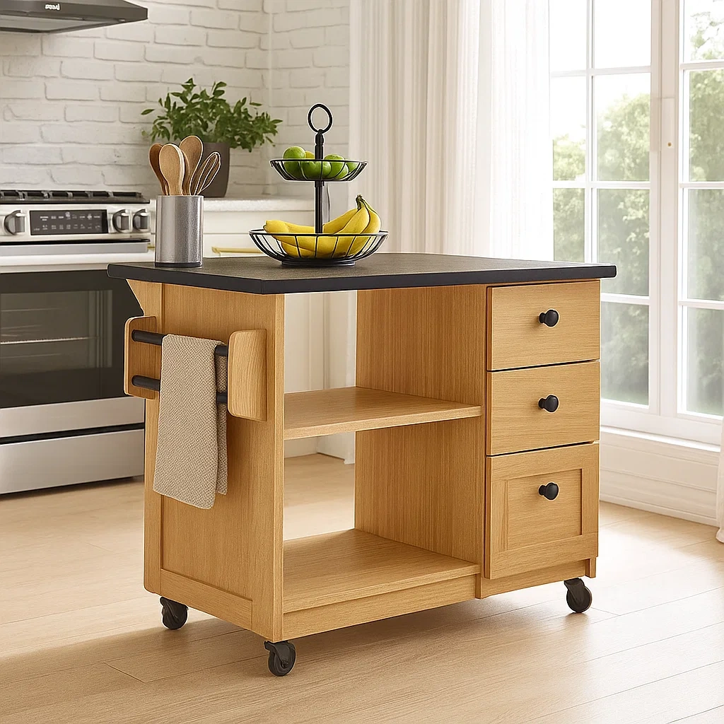 Rektangulr kkken med hylder og skuffer, naturlig trfinish, med hjul, 120x60x90 cm, til hjemmekkkener. - zydIcYLoR87O