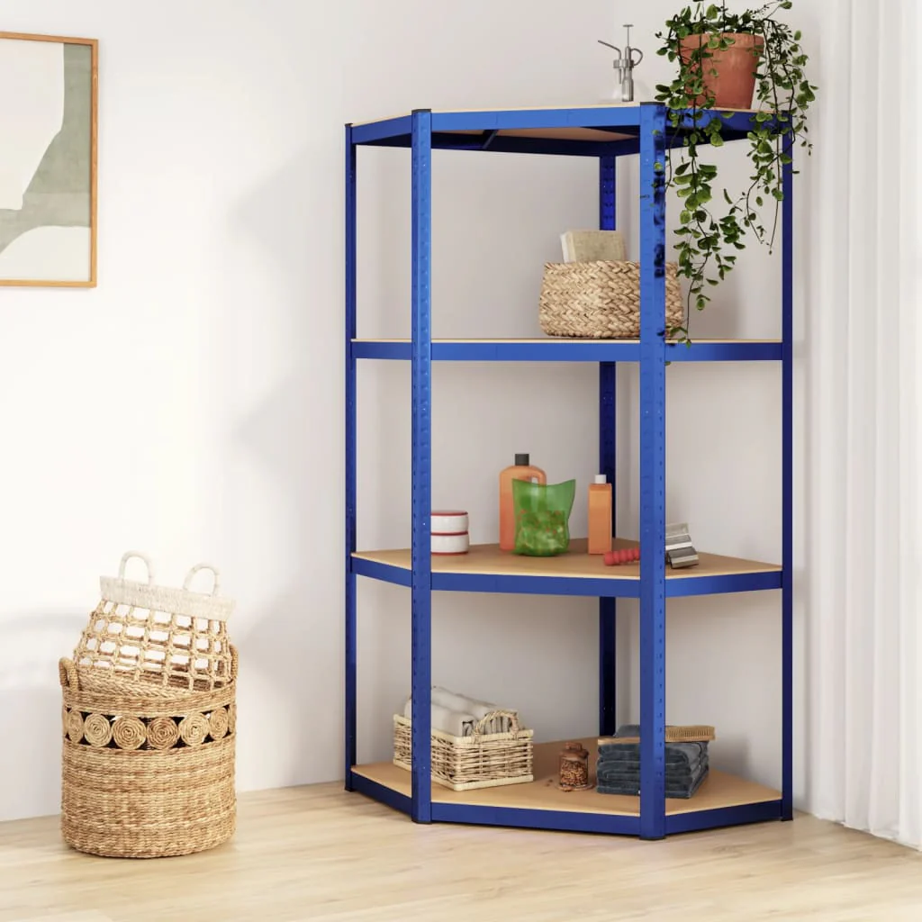 Scaffale ad angolo con 4 ripiani Blu Acciaio e Pannello di fibra