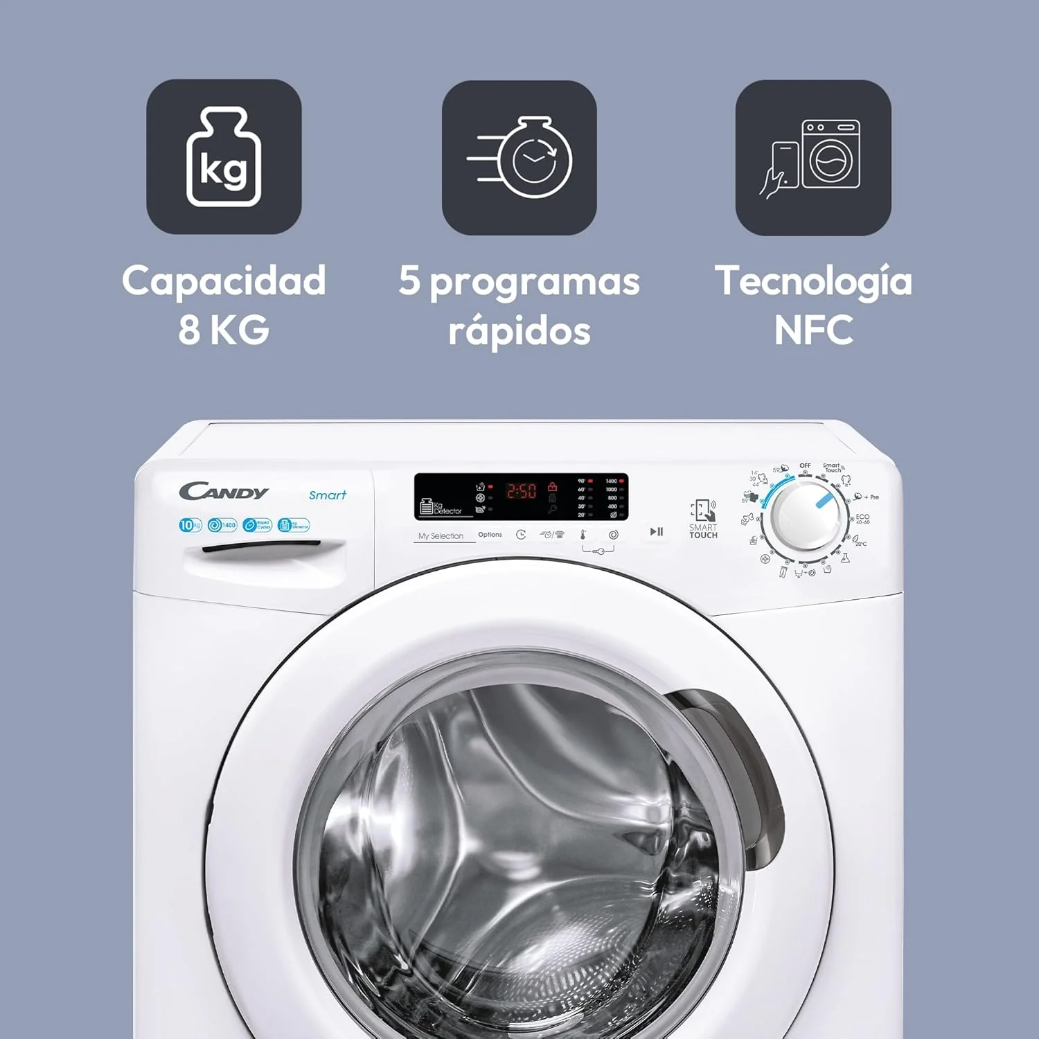 Candy Smart CS 14102DE/1-S, Washing Machine 10 kg, 1400 RPM, Digital Display and Control, NFC Technology, Voice Assistant, 15 Cycles, 5 Fast, Easy Ironing, Delay Start 24H, KG Detector, 81 DB, White