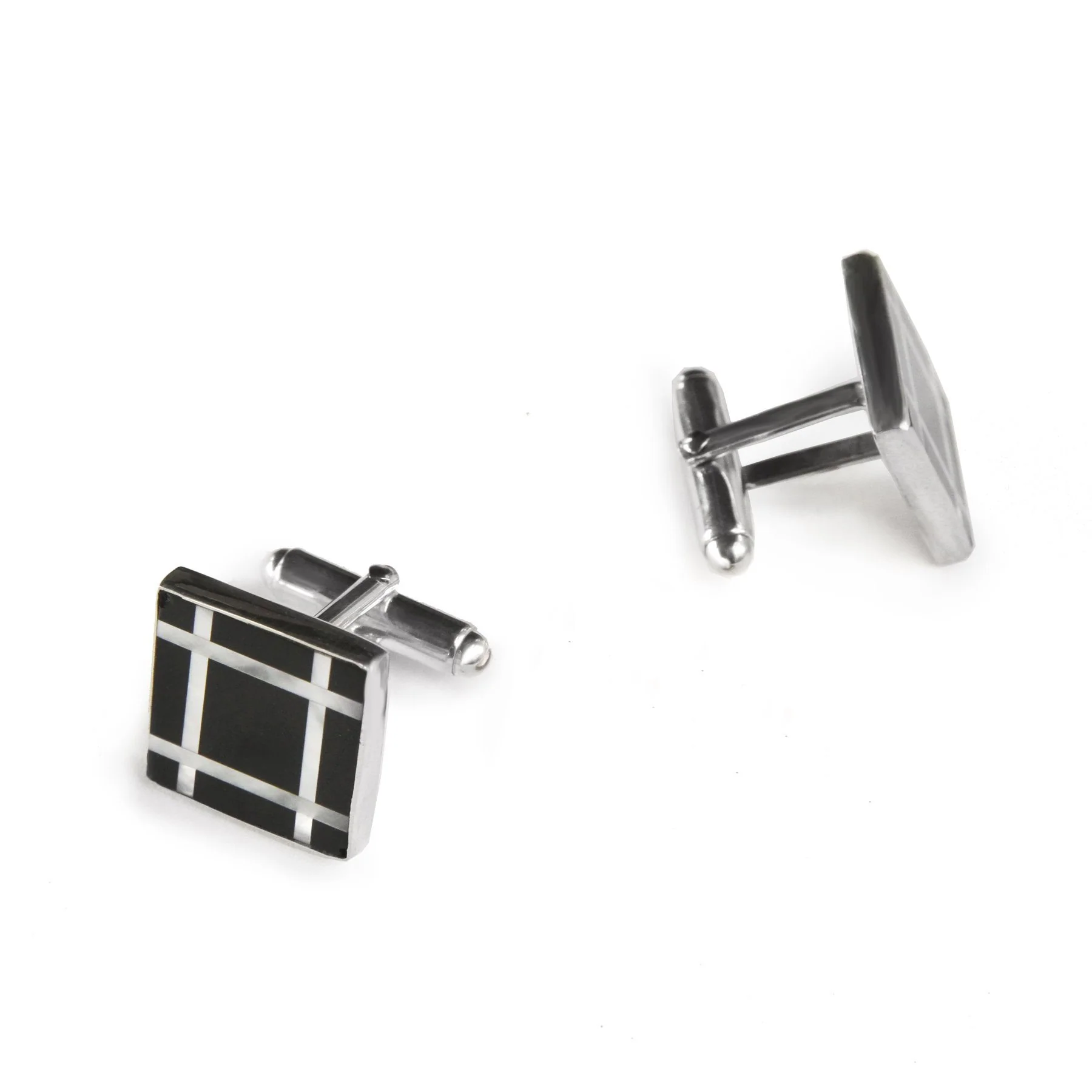 Square Black Onyx Grid Inlay Cufflinks, Sterling Silver