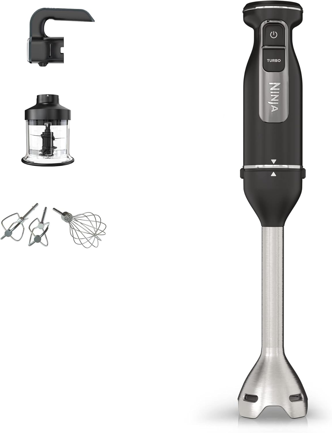 Ninja Foodi 3-in-1 Stabmixer, Handmixer & Zerkleinerer, Stufenweise Anlauf, 2 Misch- und 5 Rührgeschwindigkeiten zum Zerkleinern, Mischen, Kneten und mehr, spülmaschinenfest, 850W, Schwarz CI100EU