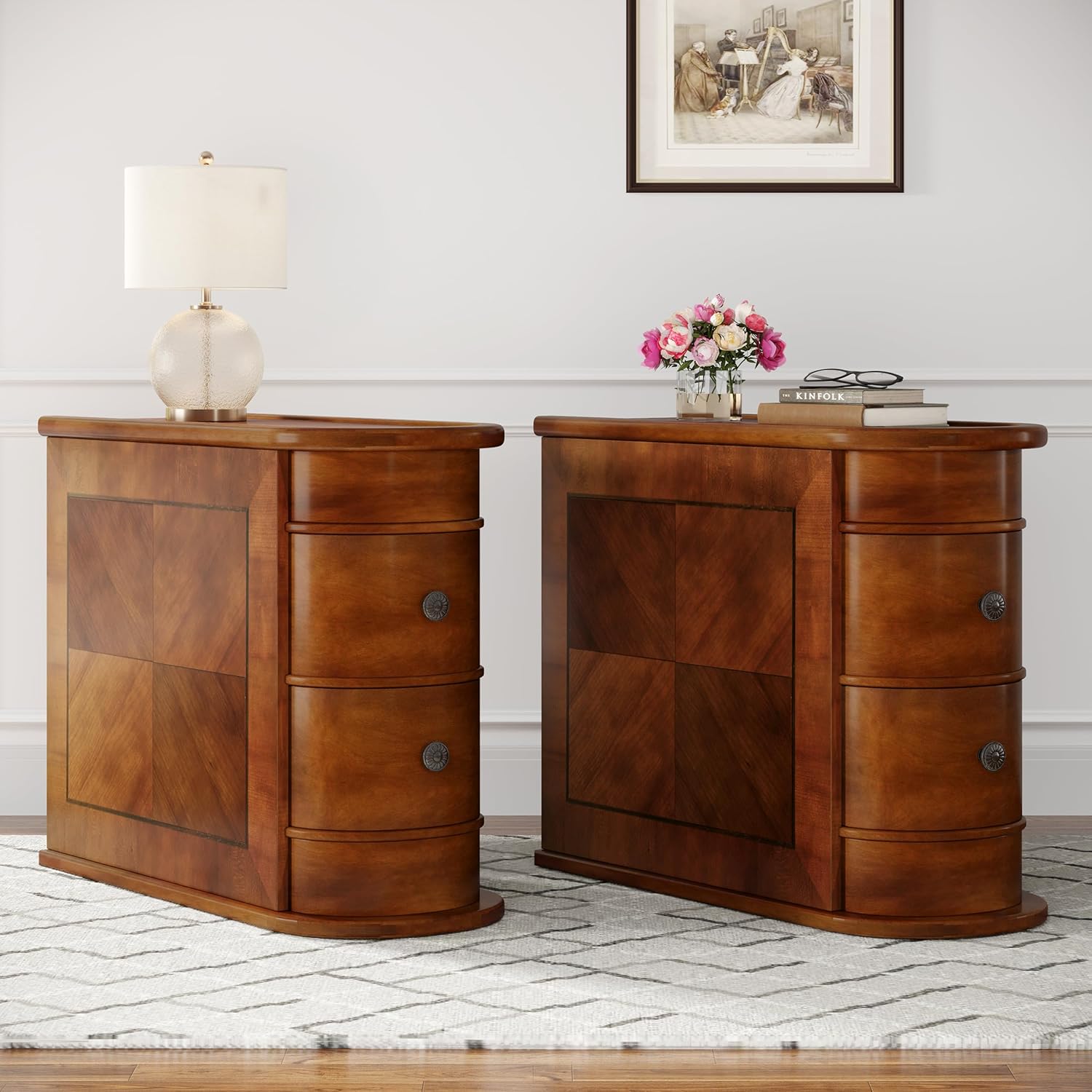 Wood End Table with 2 Drawers, No Assembly Required Narrow Sofa Side Table for Living Room, Vintage Slim Nightstand Bedside Table for Bedroom (2 Drawers, Brown, 2 Pcs)