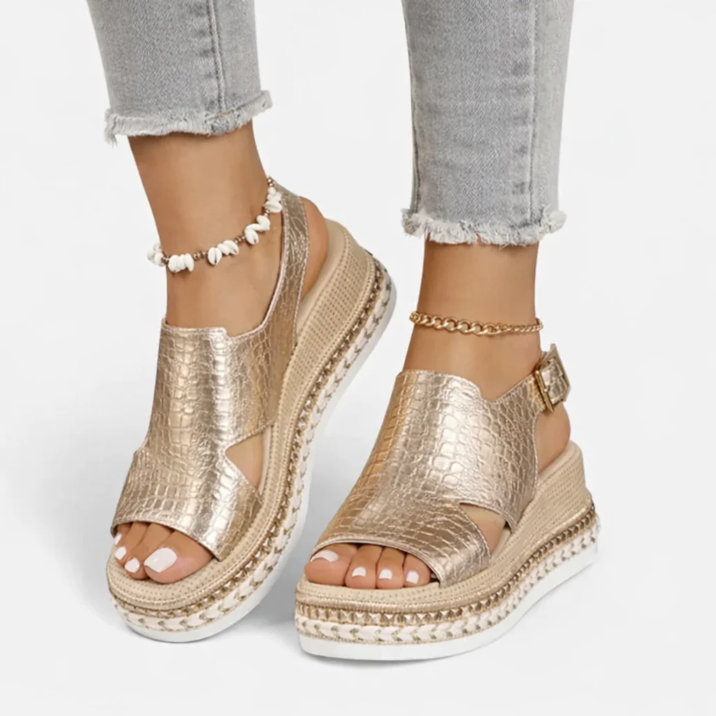 Women��s Metallic Croc-Effect Wedge Sandals with Espadrille Platform