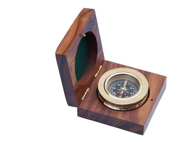 Brass Paperweight Compass with Rosewood Box