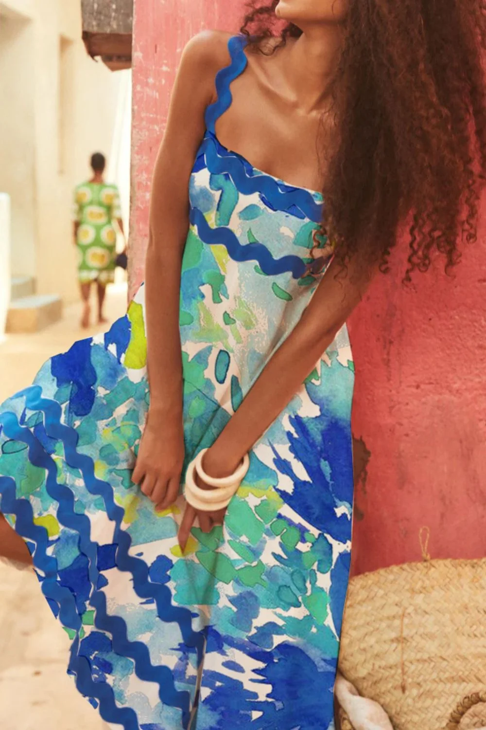 Printed Square Neck Wide Strap Dress