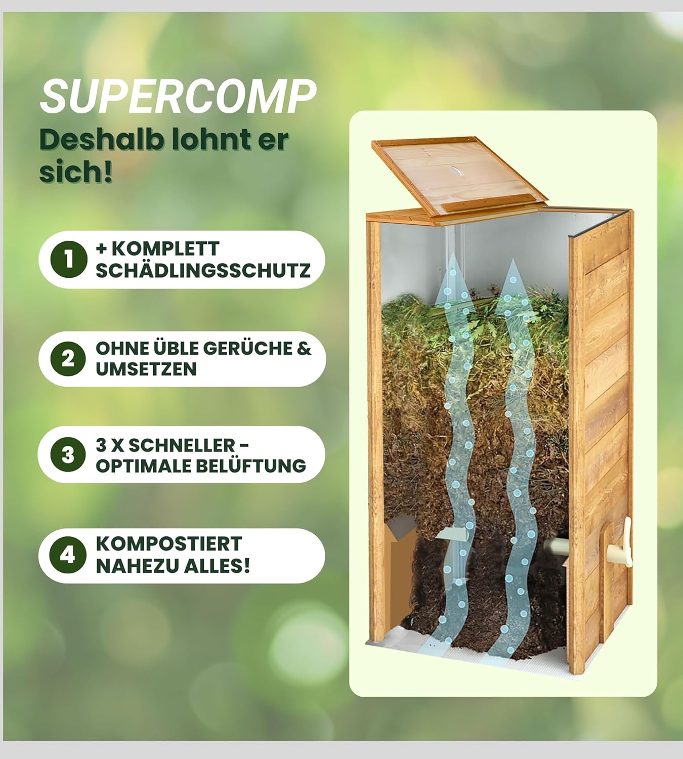 Holz Komposter Rattensicher mit Deckel, Schädlingsschutz, Durchlüftungsgitter und Boden, Gleit-Technik Kompostieren ohne üblen Gerüche, kein Umsetzen mehr, 340 L
