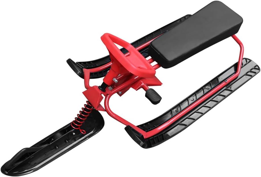 Snow Racer-Schlitten, Skischlitten mit Lenkrad und Doppelbremsen, Einziehbarem Zugseil, Robustem Eisen-HDPE-Rahmen, für, Teenager, Erwachsene, Wintersport
