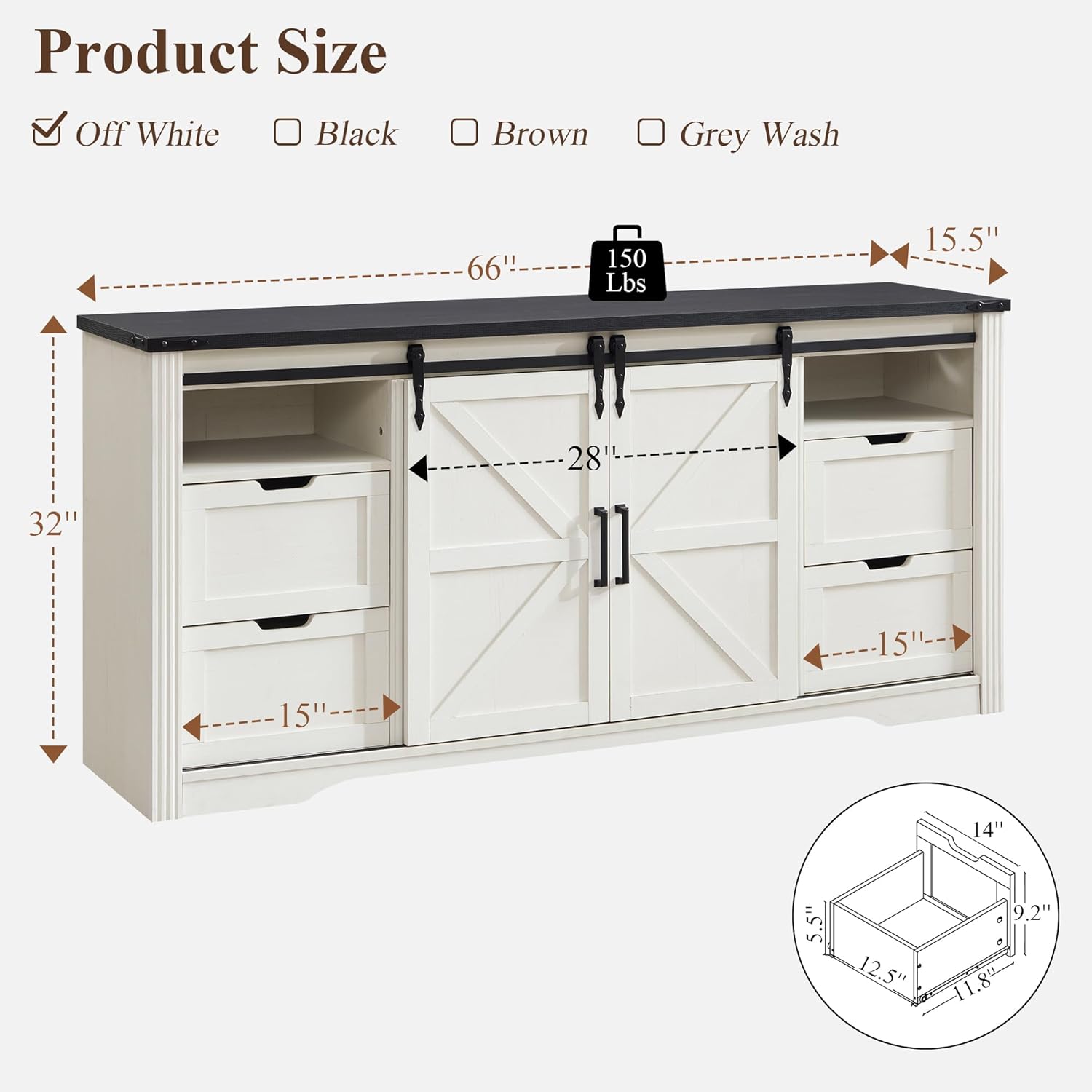 LINGMU Farmhouse TV Stand for 75 80 Inch TV, 32" Tall Entertainment Center w/4 Drawers & Sliding Barn Door, Rustic Media Console w/Storage Shelves, 66" Wood Television Stand for Living Room, Off White