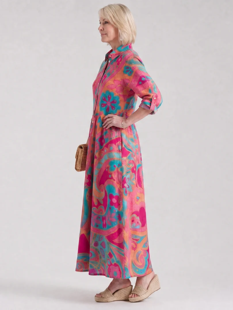 Women��s Printed Midi Dress Button Front Collared Style