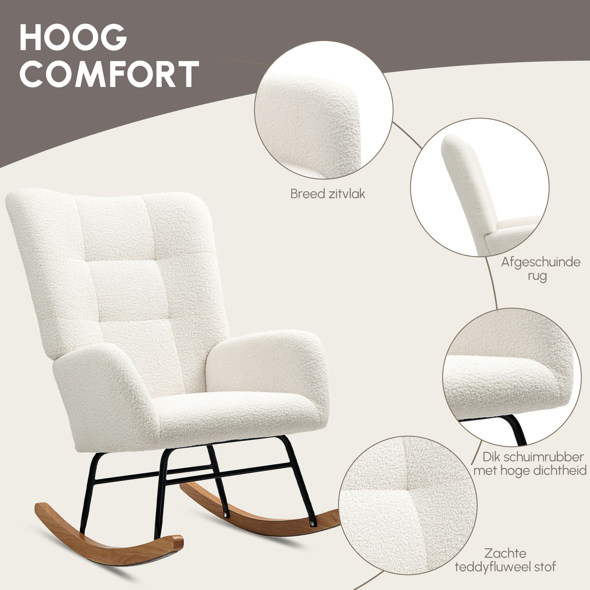 HOMCOM Schommelstoel, Knusse Bekleding, Dikke Polstering, Antislip, Crèmewit