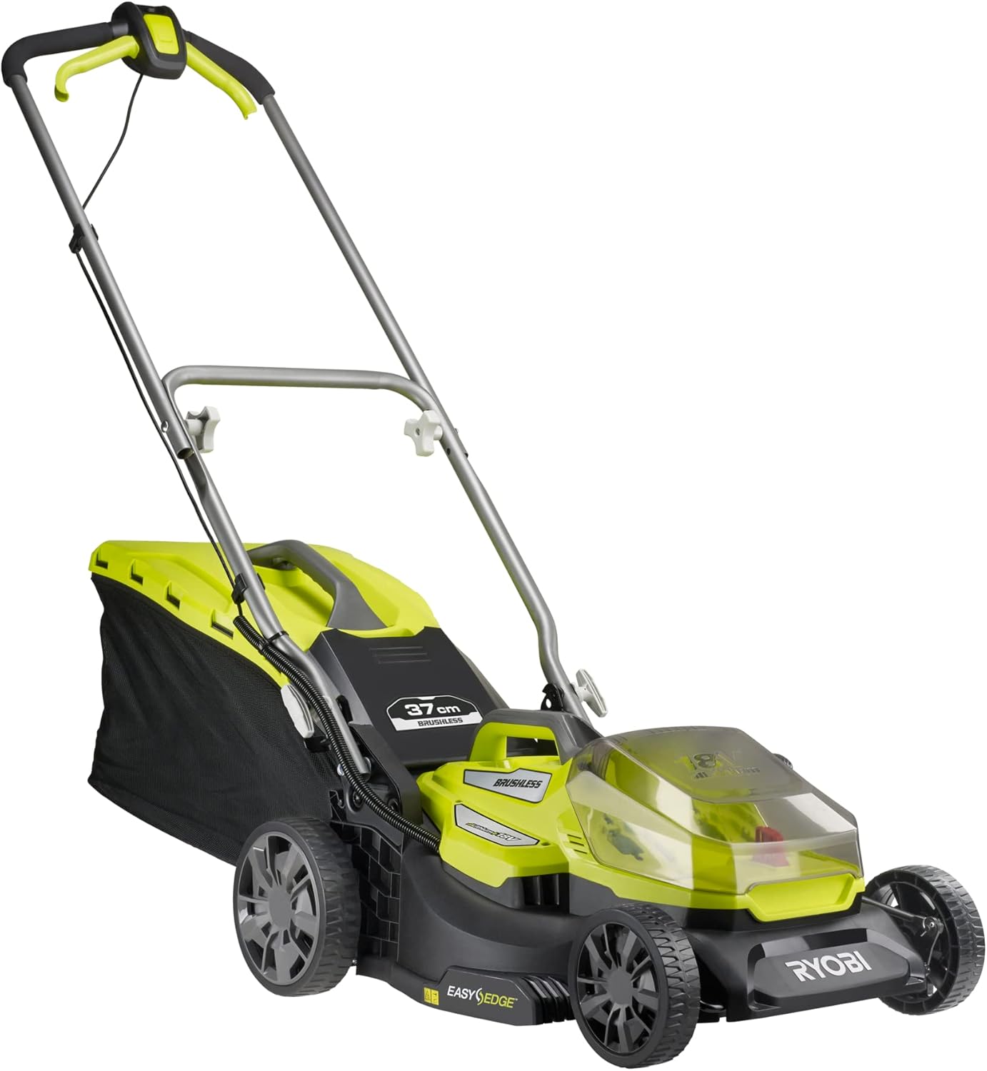 RYOBI 18 V ONE+ Akku-Rasenmäher RLM18X33B40 (Schnittbreite 33 cm, 5-fache Höhenverstellung 25-65 mm, zusammenklappbares Griffgestänge, inkl. Mulchkeil, 35l Grasfangsack, 4,0Ah Akku & Ladegerät)
