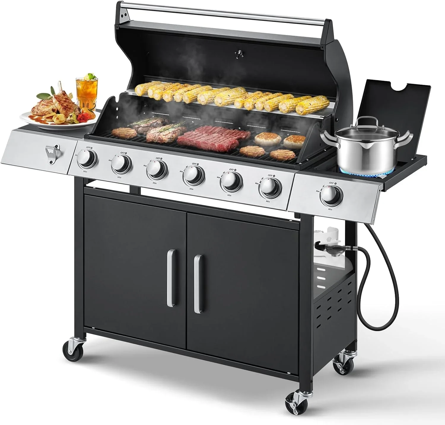 Továbbfejlesztett 4 égős BBQ propán gázgrill öntöttvas rácsokkal és oldalsó tűzhellyel, 44 000 BTU rozsdamentes acél égővel ellátott grillsütő teraszra, kempingezéshez, szabadtéri főzéshez, MELLCOM