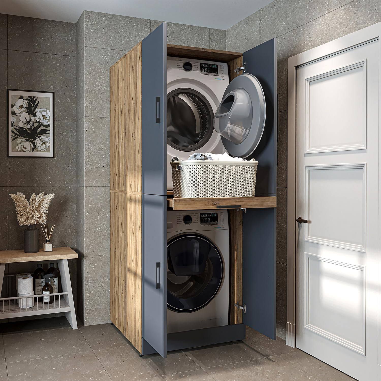ROOMART Armadietto Lavatrice Dora per Asciugatrice e Lavatrice Porte & Tavola Estensibile (Antracite Rovere)