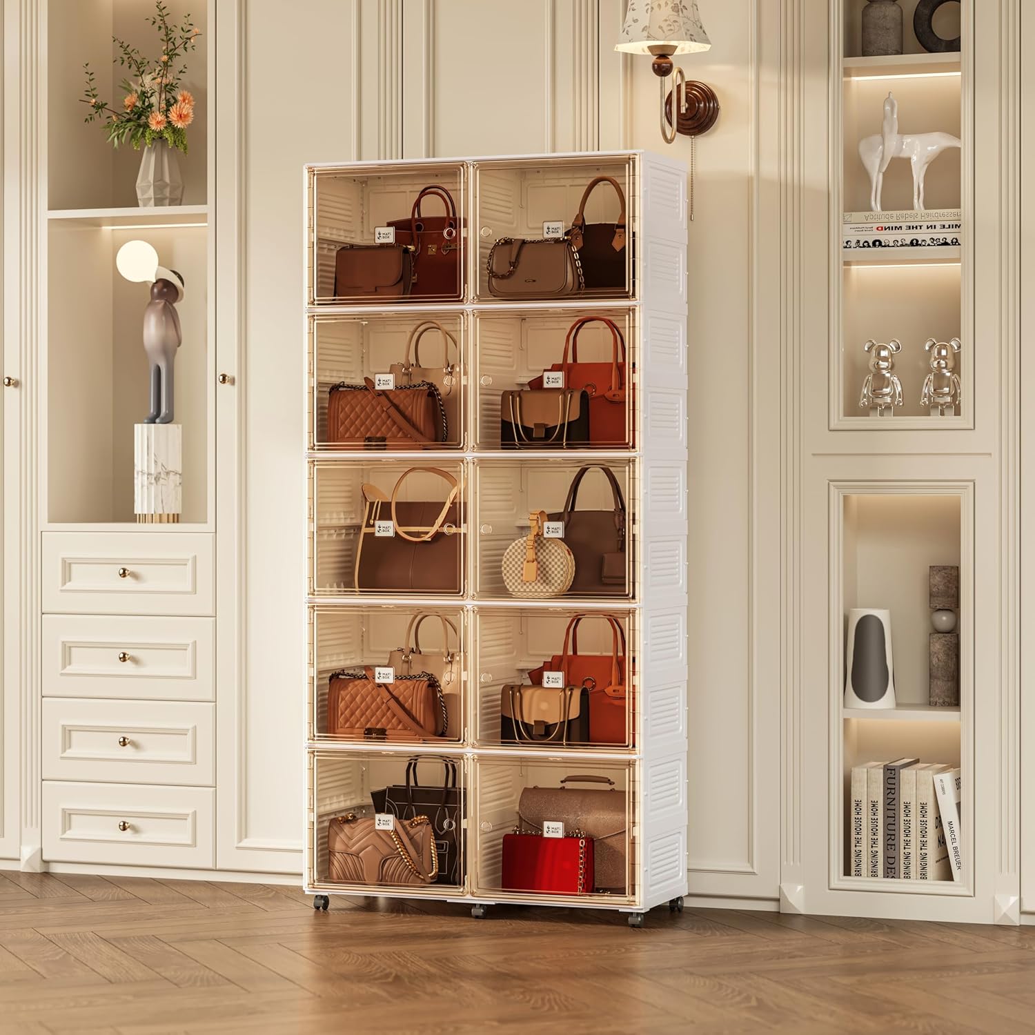 10 Cubbies Handbag Storage Organizer for Closet, Purse Organizer Cabinet with Magnetic Doors & Wheels, Foldable One-Piece Transparent Storage Box for Bags, Boots, Clothes, Toys, Books