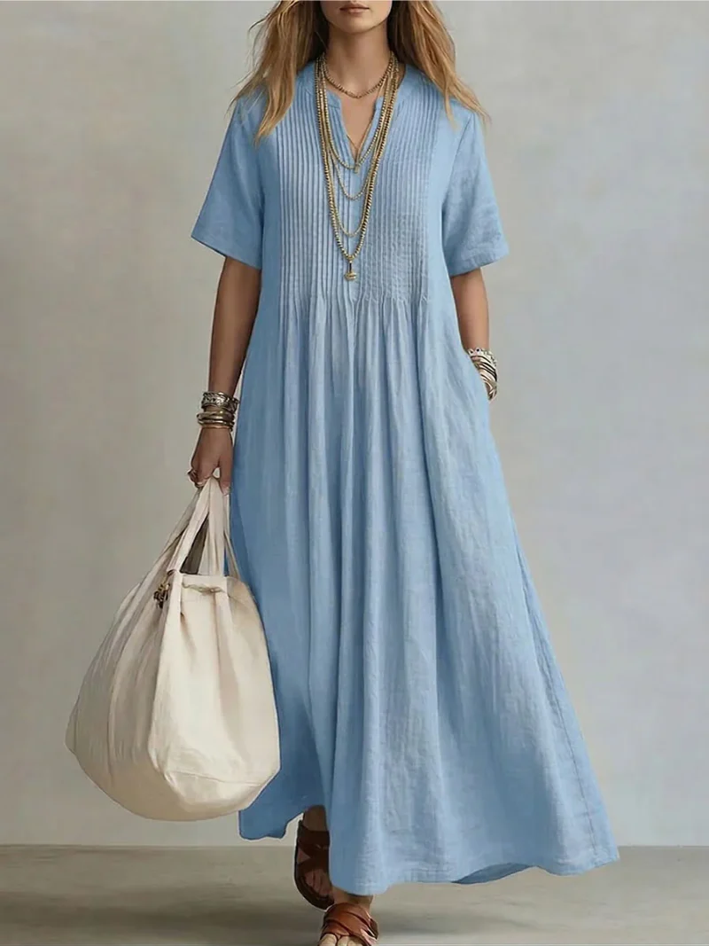 Women��s Pleated Maxi Dress Soft Linen Fabric with Pockets