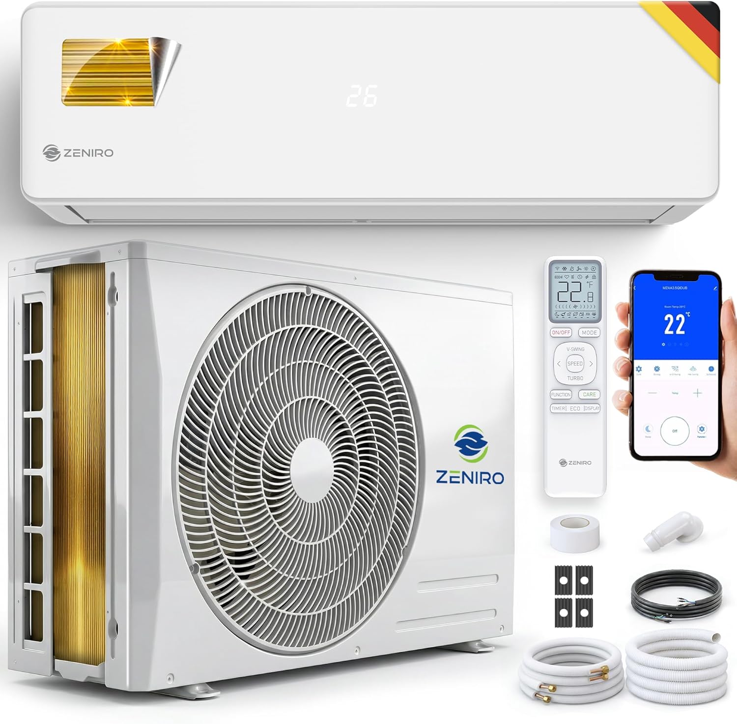 Klimaanlage Split Set - TURBO Cooling - Reine Luft mit Ionisator - WiFi/App-Funktion Klimagerät Kühlen A++/Heizen A+ 5,2kW 18000 BTU Sehr Leise - Fernbedienung, Timerfunktion - Montagematerial