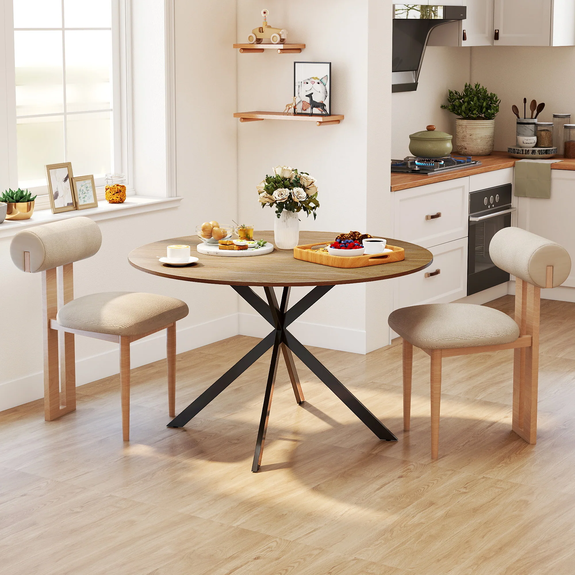 HOMCOM Ronde Eettafel voor 4 Personen, Keukentafel in Industriële Stijl met Stalen Poten, voor Eetkamer, Keuken, Eiken