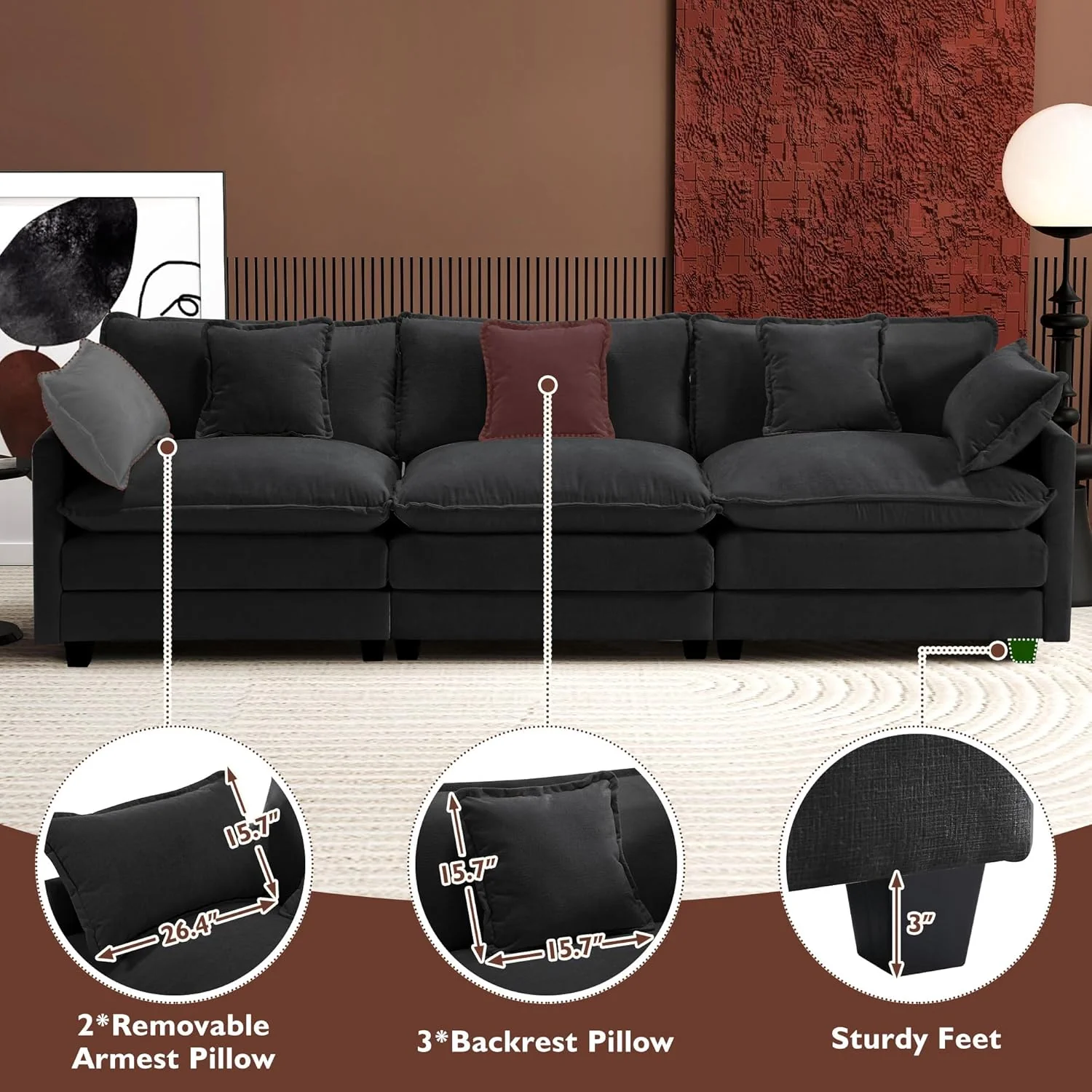 111.4 Inch L-Shaped Modern Sofa Modular Cloud Sofa Ottoman 4-Seater Chenille Deep Seat Sofa