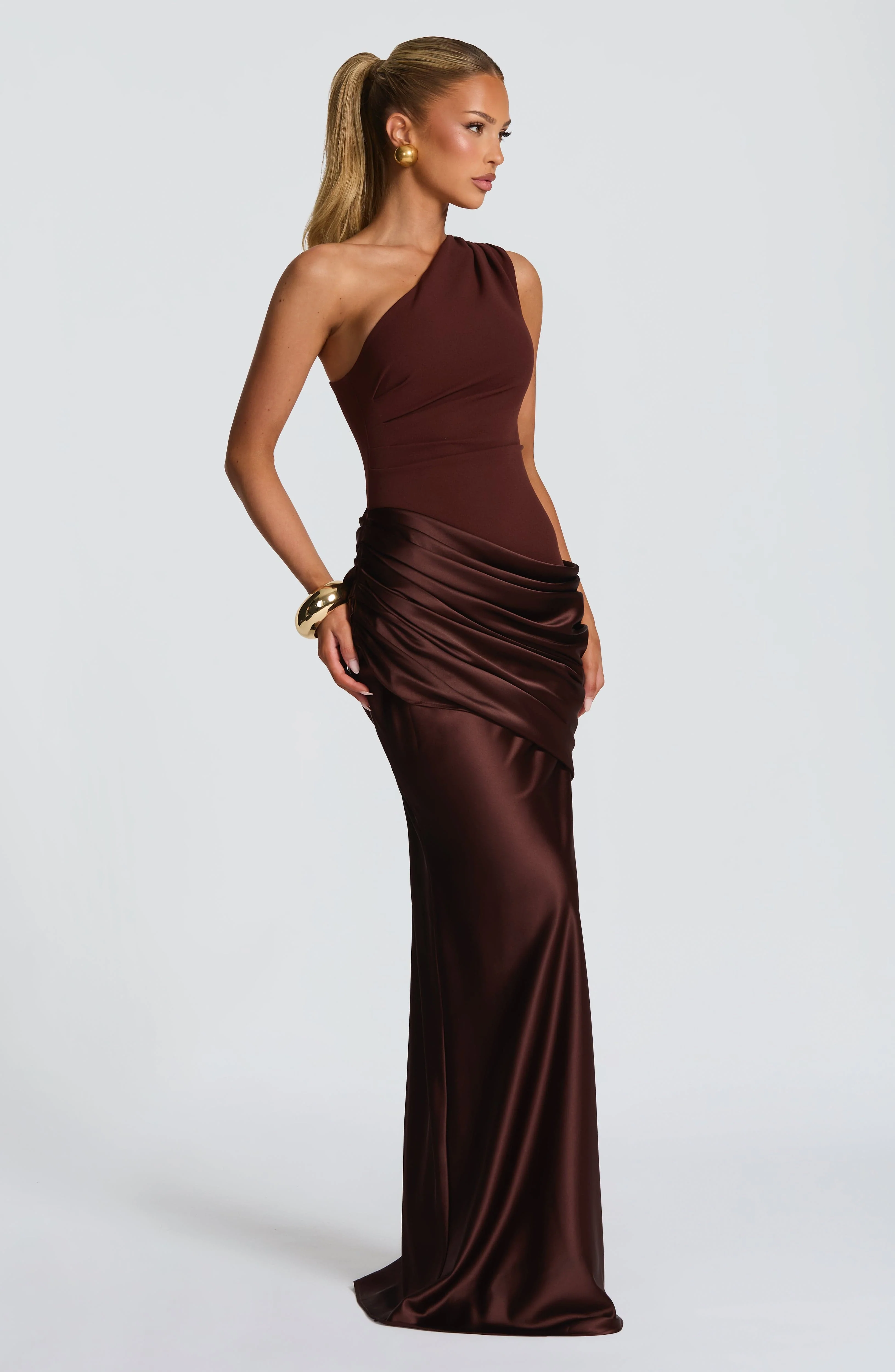 Women��s One Shoulder Satin Maxi Dress Elegant Ruched Design