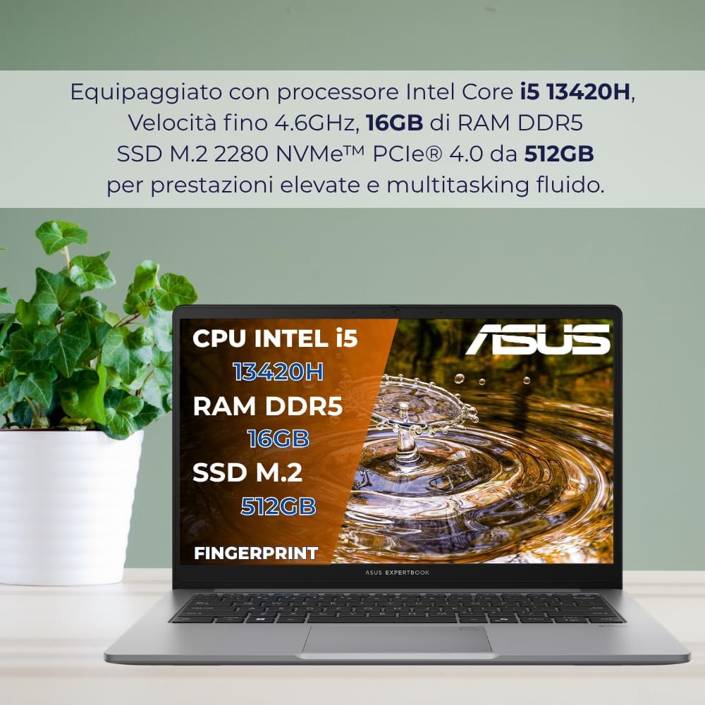 ASUS Expertbook P1 Pc Portatile, Notebook i5-13420H, 16GB RAM DDR5, 512GB SSD PCIex 4.0, Display 14