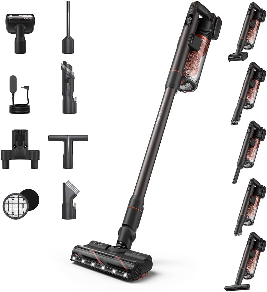 SpeedPro Max Kabelloser Stielstaubsauger 7000 Serie, Für Tierhaare, 360° Kraftvolle Saugkraft, Max. 80 Min., Verwicklungsfrei, Für Teppiche und Hartböden, 4 LED-Aufsätze (XC7065/01)