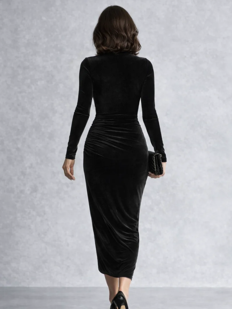 Women��s Velvet Midi Dress Ruched Detail and High Neckline