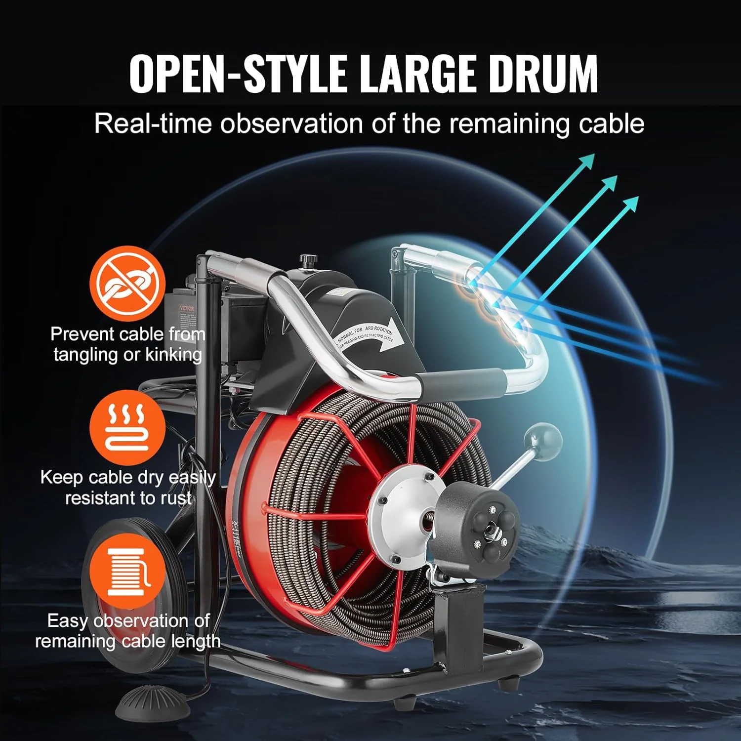 Drain Cleaner Machine 100FT x 1/2 Inch, Auto Feed Sewer Snake Auger on Wheels, 550W Portable Drain Cleaning Machine with 8 Cutters & Air-activated Foot Switch for 2