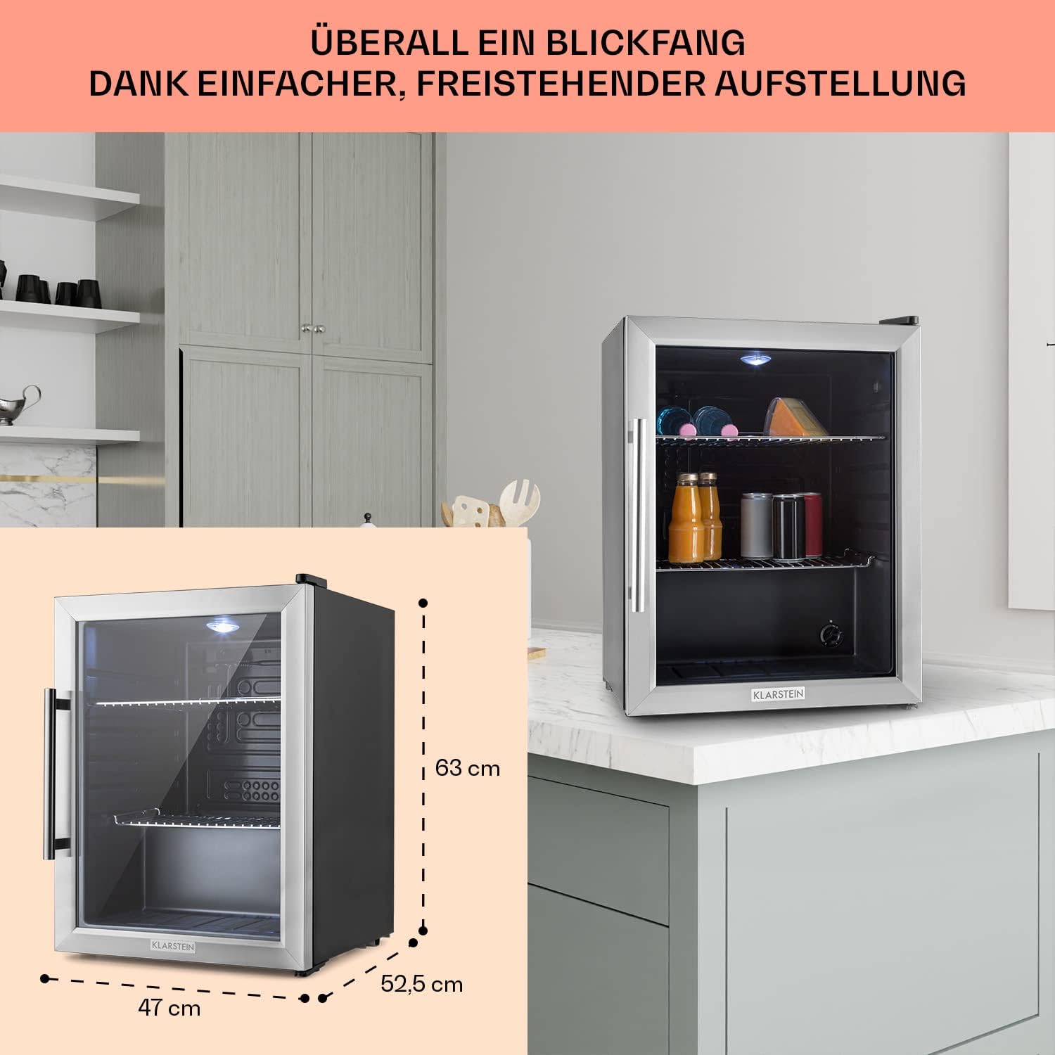 Klarstein Mini Koelkast met Glazen Deur voor Kamer, Drankenkoelkast met Verstelbare Planken, Klein 80 Liter, Indoor/Outdoor Koelkast Stil