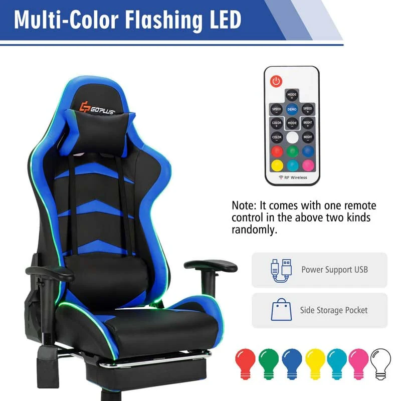 Led Massage Gaming Chair Height Adjustable Racing Computer Office Chair With Footrest Ergonomic High Back Pu Swivel Game Chair - Comfortable And Ergonomic Design