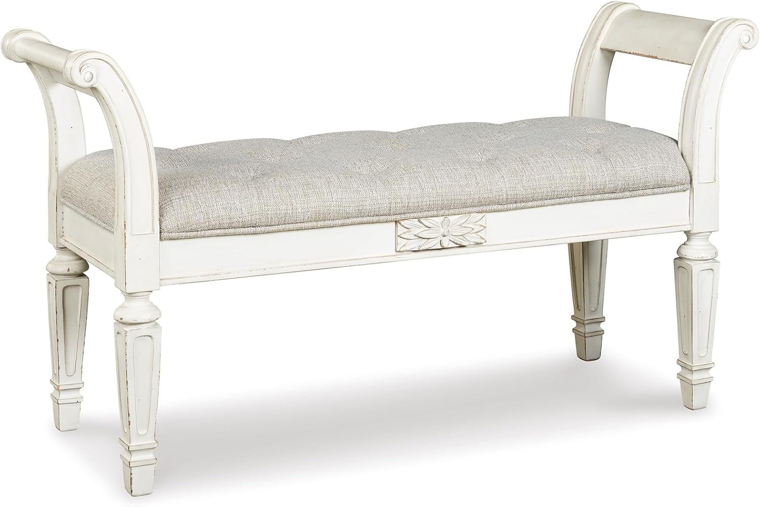 Signature Design by Ashley Realyn French Country Upholstered Tufted Accent Bench with Foam Cushion and Scrolled Arms, Wood Frame, 25.88