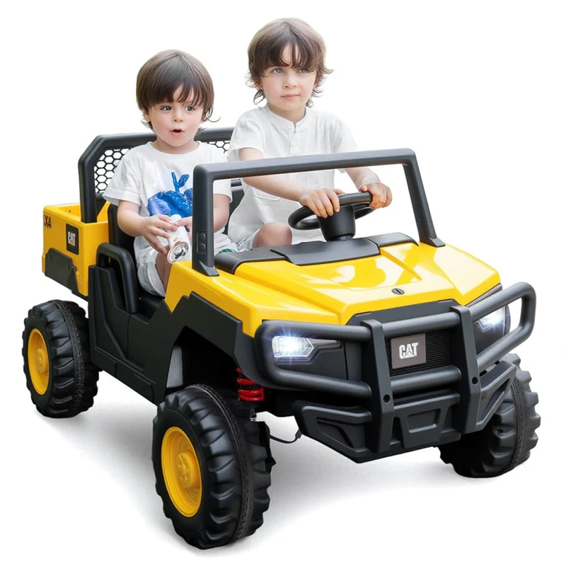 24V 4WD 2-Seater Ride on Dump Truck Licensed Caterpillar Electric Vehicle with Remote Control & Soft Start, Kids Ride On UTV Car with Dump Bed