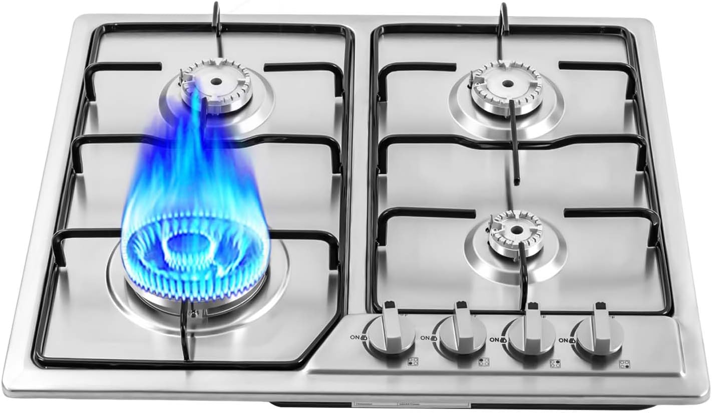 Piano cottura a gas 4 fuochi incasso, in acciaio inox con griglia ghisa, accensione pulsante e sicurezza termocoppia per cucina domestica professionale​ 58 x 50cm