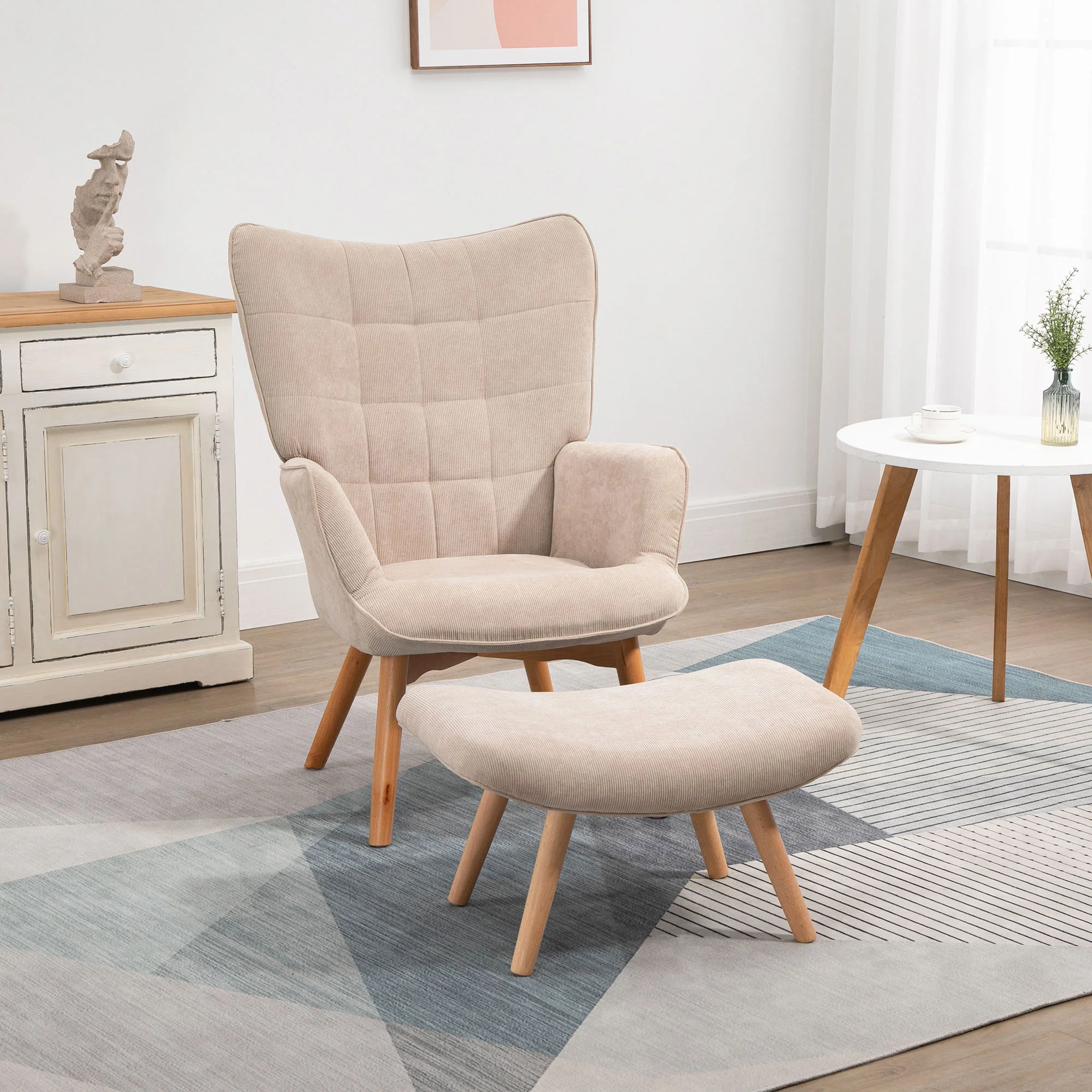 HOMCOM Fauteuil met Scandinavisch accent, voetenbank, fauteuilset, beukenhout, corduroy-look, beige
