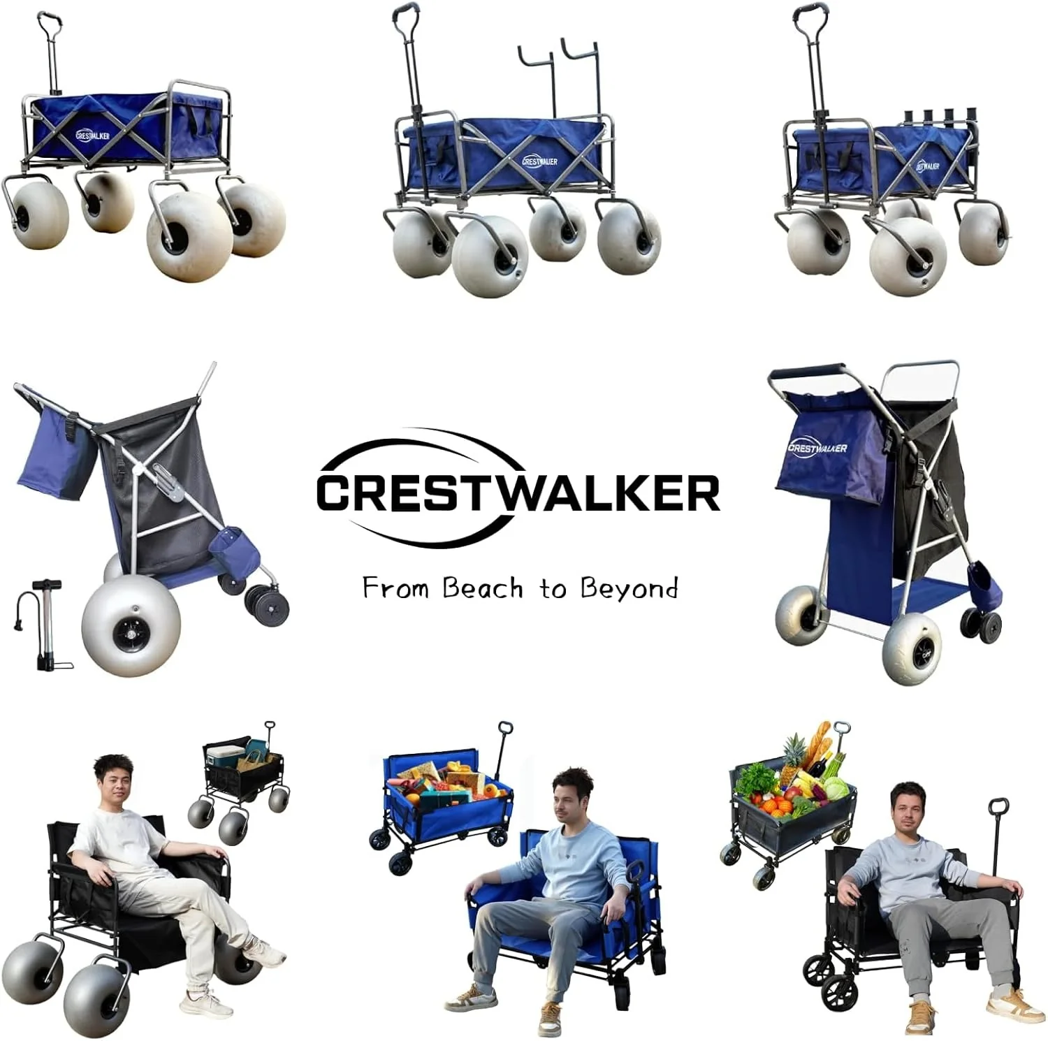 Beach cart with 13-inch balloon wheels, chair brackets and pump included