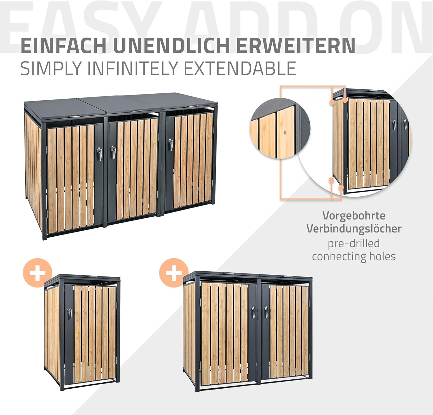 ML-Design Mülltonnenbox 3er 3 Tonnen 240L 200x80x116,3cm Anthrazit-Holzoptik, Stahl wetterfest/abschließbar Mülltonnenverkleidung Klappdeckel/3 Türen, Müllbox Mülltonnecontainer Mülltonnenabdeckung