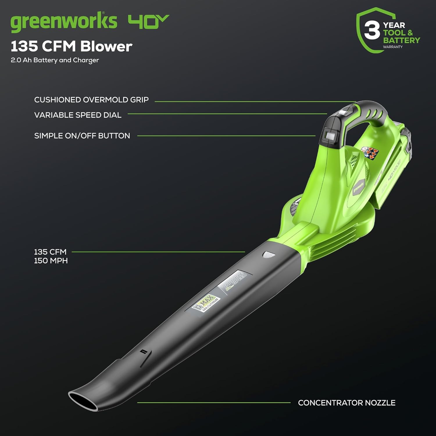 Greenworks 40V Leaf Blower/Sweeper  150 MPH / 135 CFM  Lightweight  Quiet  with 2.0 Ah Battery and Charger  Perfect for Residential Lawn Care  Leaf Blowing Debris  Dust  Light Snow  and More