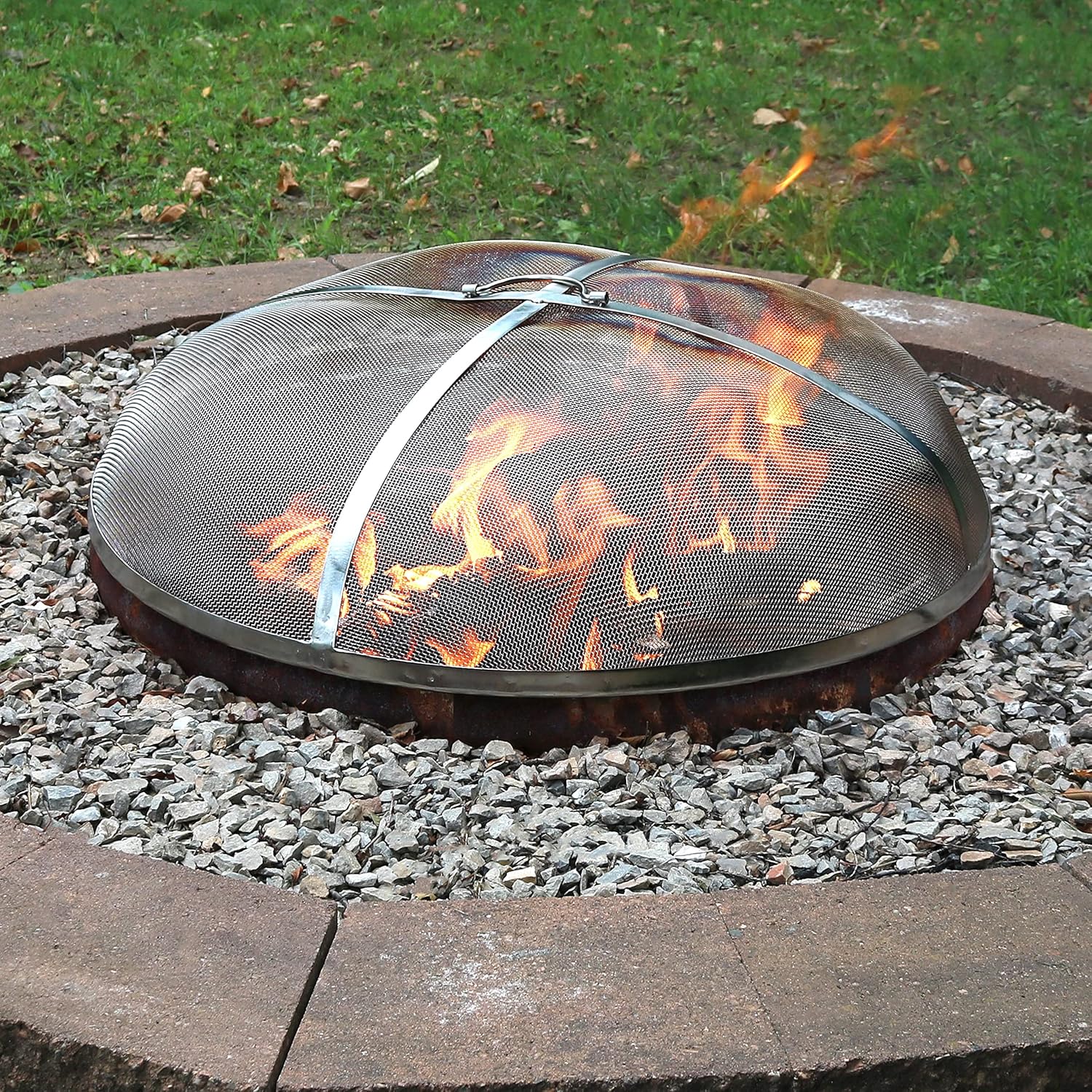 Sunnydaze Round Fire Pit Screen Cover - 30-Inch Stainless Steel Mesh Fire Pit Spark Screen - Spark Lid Top Cover with Handle