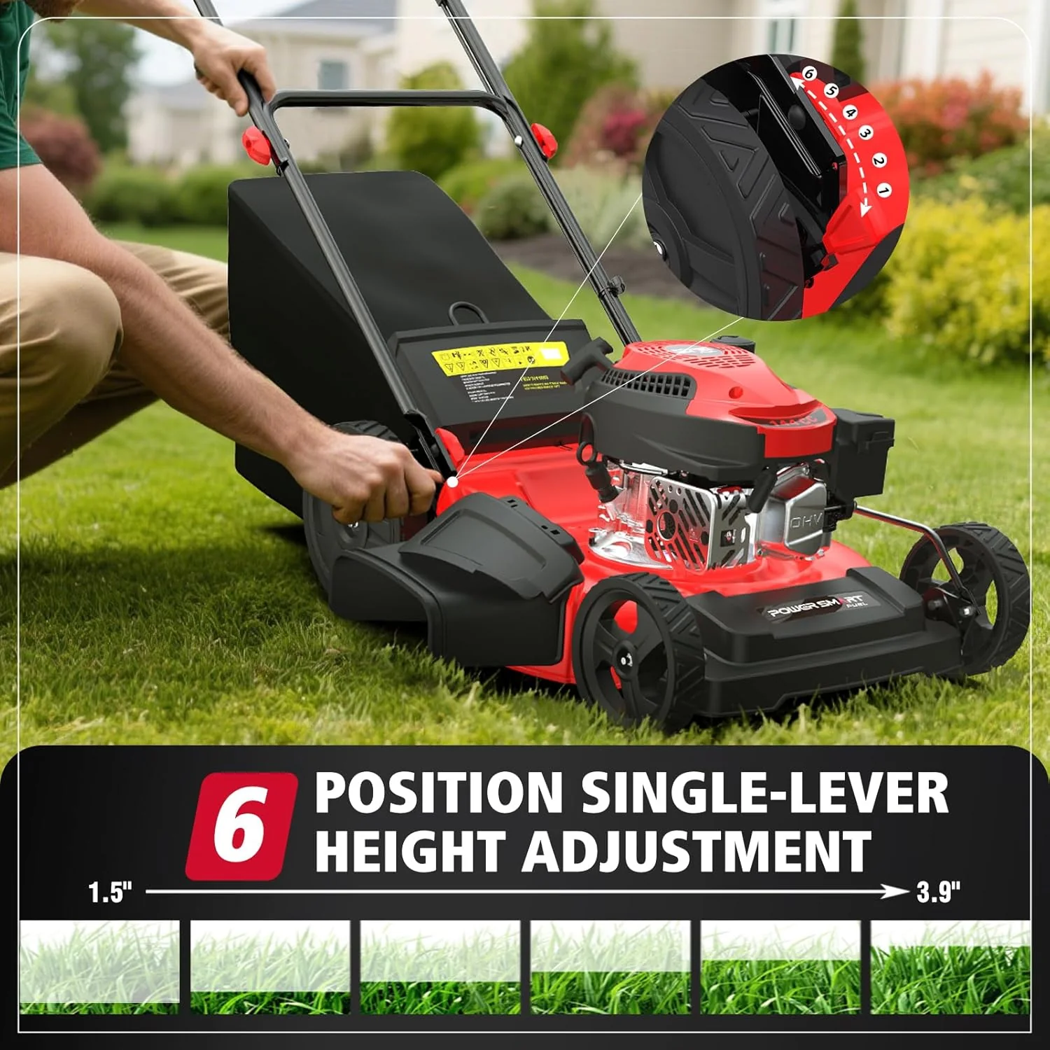 PowerSmart Gas Lawn Mower 21-Inch 144cc OHV Engine 3-in-1 Push Mower with Bagging